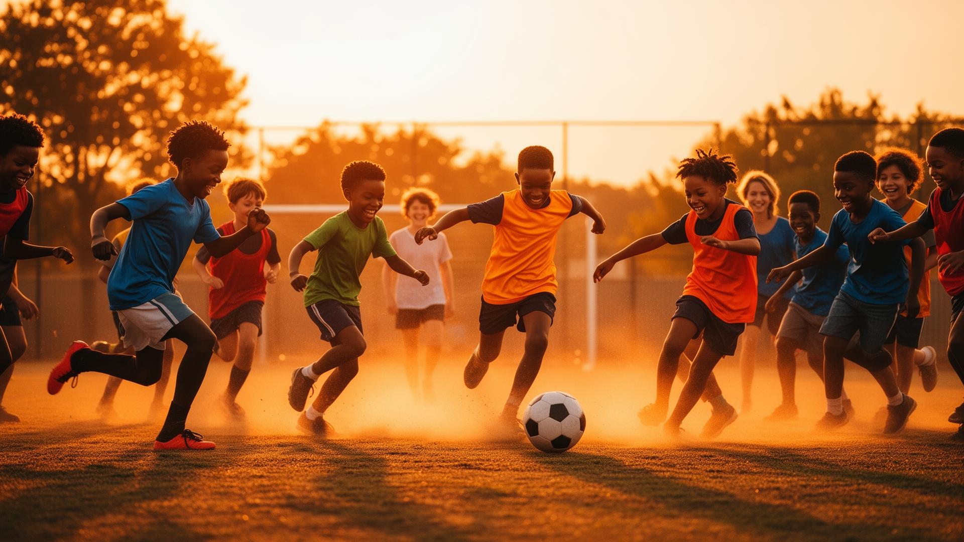 Enfants jouant au football au coucher du soleil